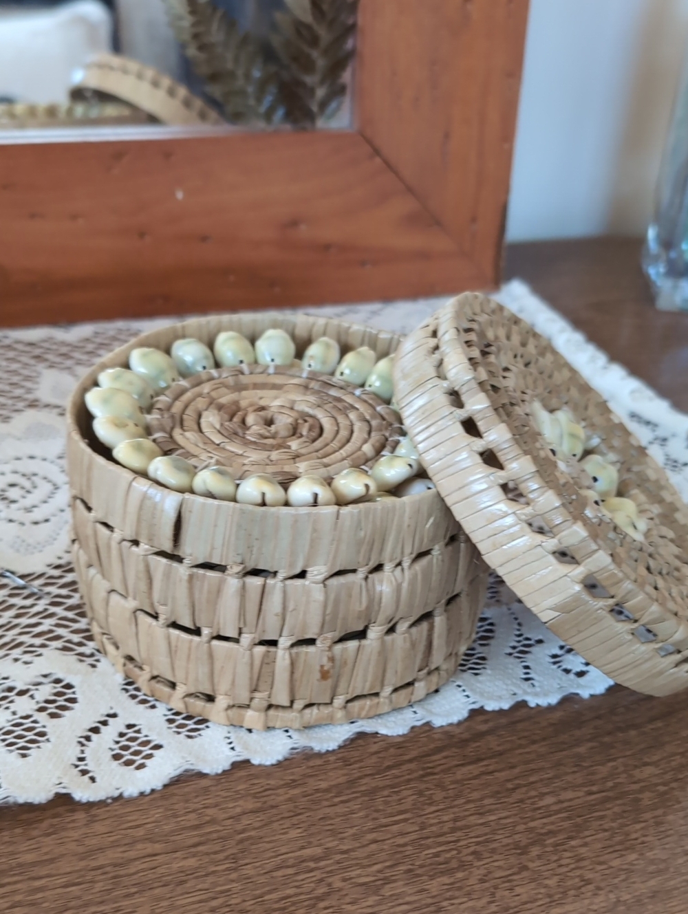 Handcrafted Coastal Seagrass Basket & Cowrie Shell Coaster Set Boho Beachy Decor - Picture 5 of 11